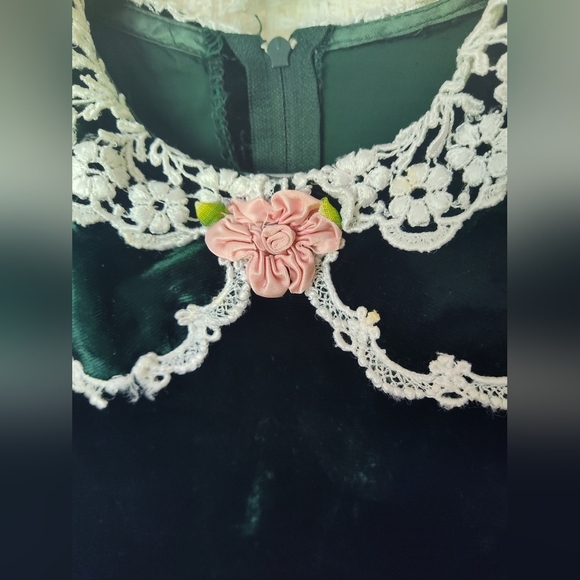 Gunne Saxe Velvet Puff Sleeve Dress Peter Pan Collar Dark Green Lace Trim - Picture 4 of 13
